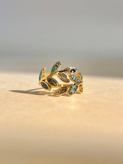 Bague Feuille Nacre Multicolore Ajustable – Acier Inoxydable Doré • Nature & Éclat Irisé