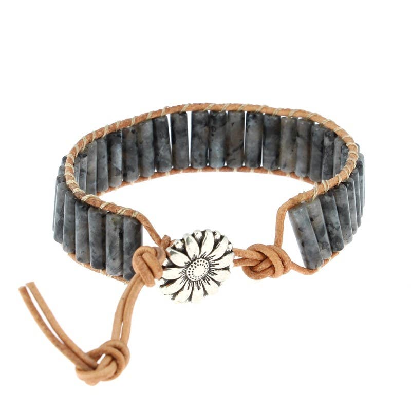 Bracelet Larvikite (Labradorite Noire) Tubes 4 x 13 mm et Cuir - vue 2