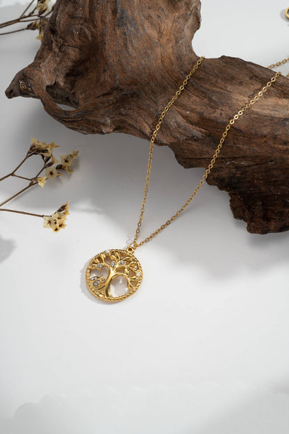 Collier Arbre de Vie Doré – Acier Inoxydable & Cercle Torsadé aux Pierres Naturelles - vue 2
