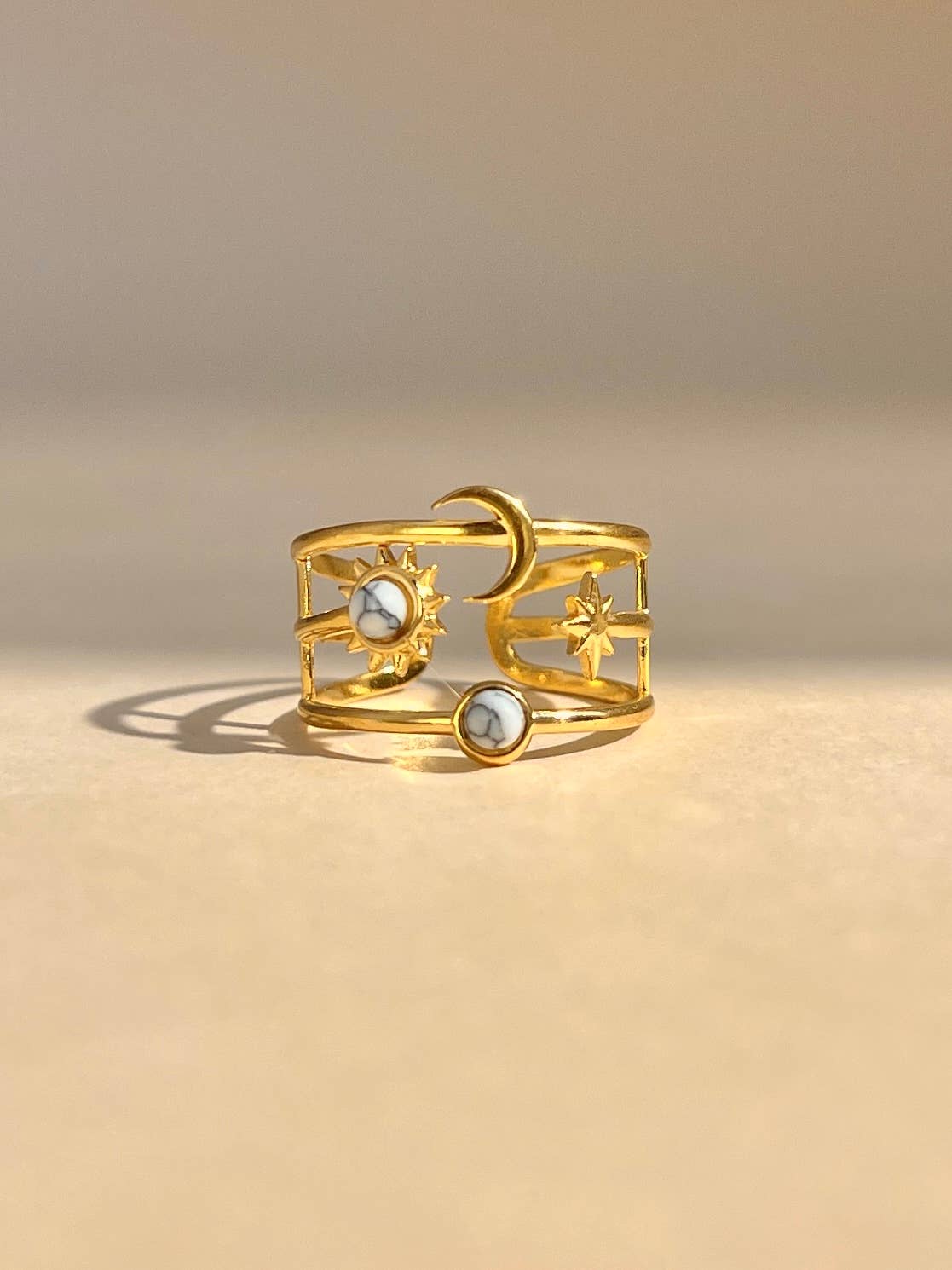 Bague réglable Lune, Étoile & Soleil avec pierre