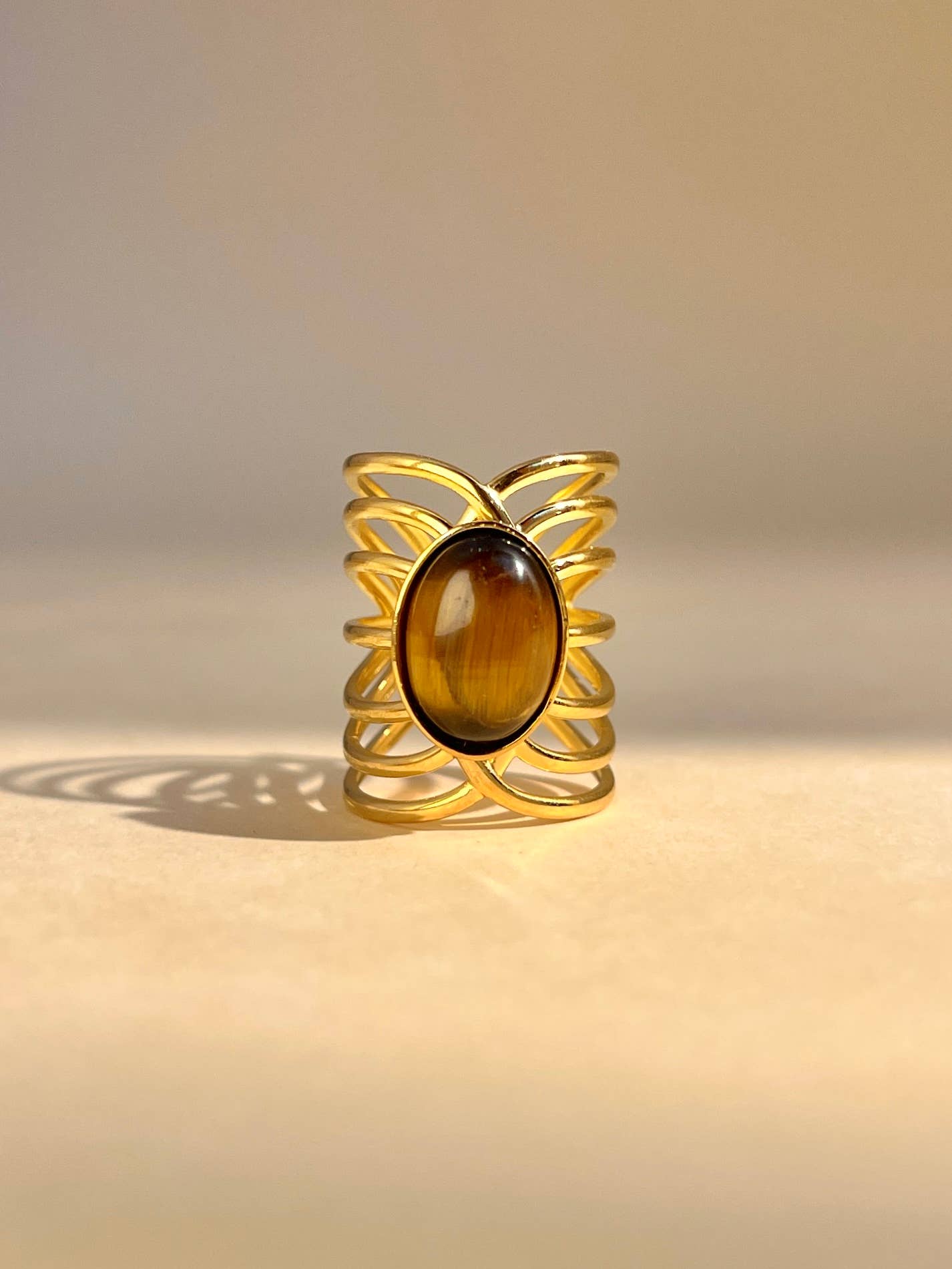 Bague Pierre Naturelle Dorée Ajustable – Acier Inoxydable • Turquoise ou Œil de Tigre