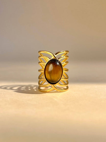 Bague Pierre Naturelle Dorée Ajustable – Acier Inoxydable • Turquoise ou Œil de Tigre