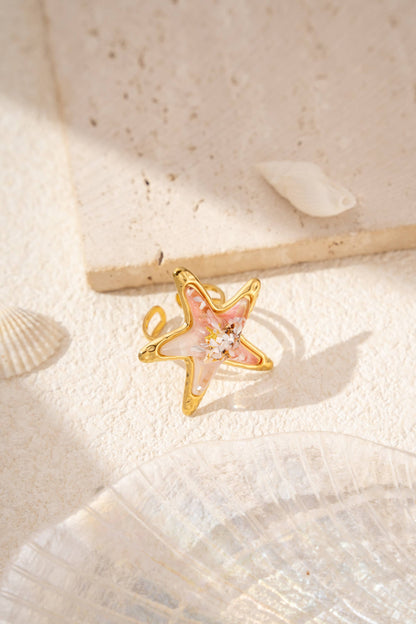Bague Étoile de Mer Ajustable – Résine Colorée & Acier Inoxydable Doré • Esprit Marin
