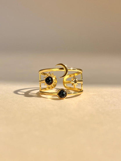 Bague réglable Lune, Étoile & Soleil avec pierre