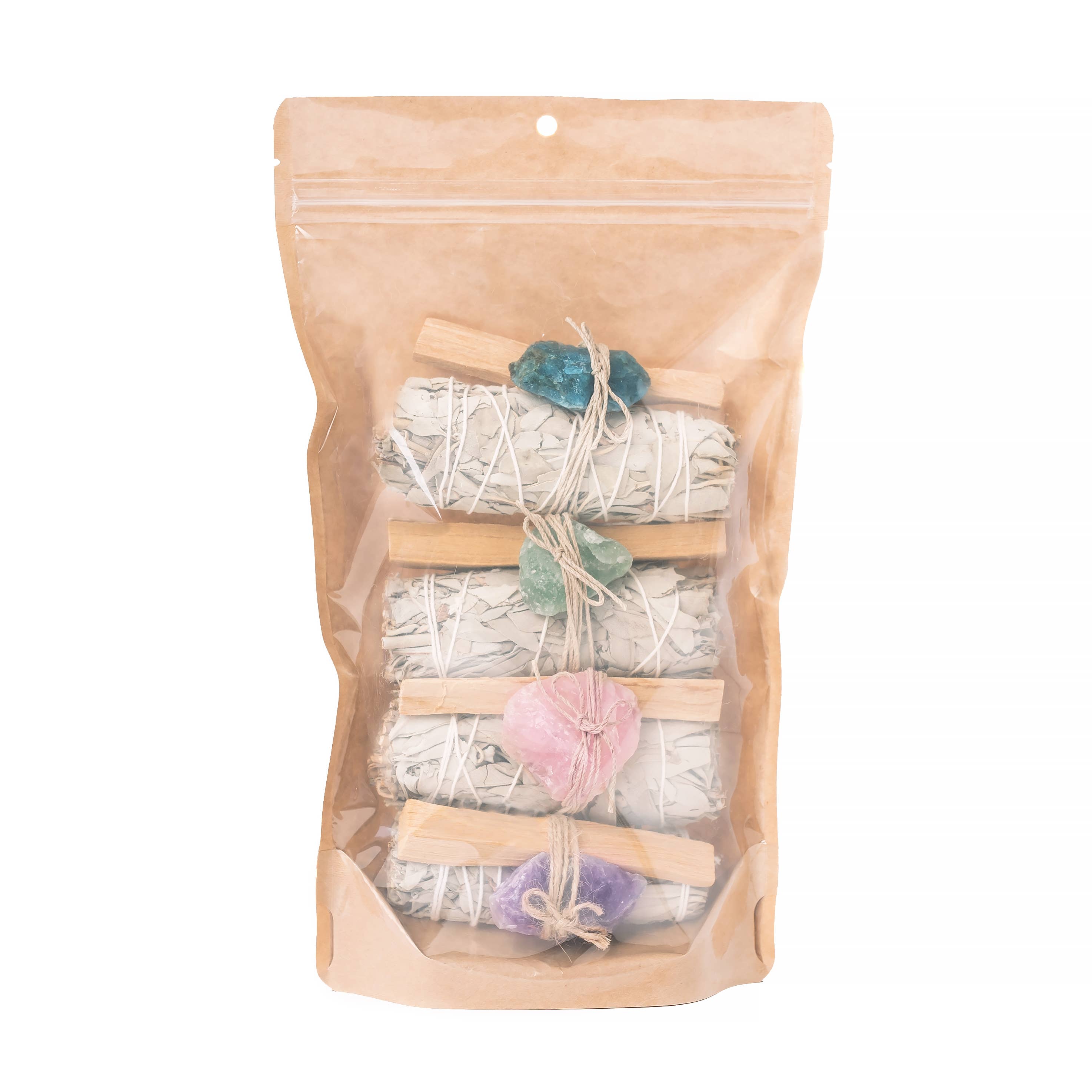 Lot de 4 Sage, Rough Crystals et Palo Santo dans un sac