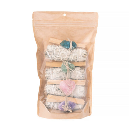 Coffret Purification Énergétique – Sauge Blanche, Cristaux Bruts & Palo Santo (4 pièces)