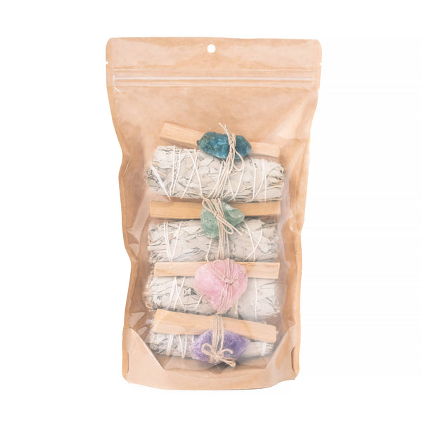 Coffret Purification Énergétique – Sauge Blanche, Cristaux Bruts & Palo Santo (4 pièces)