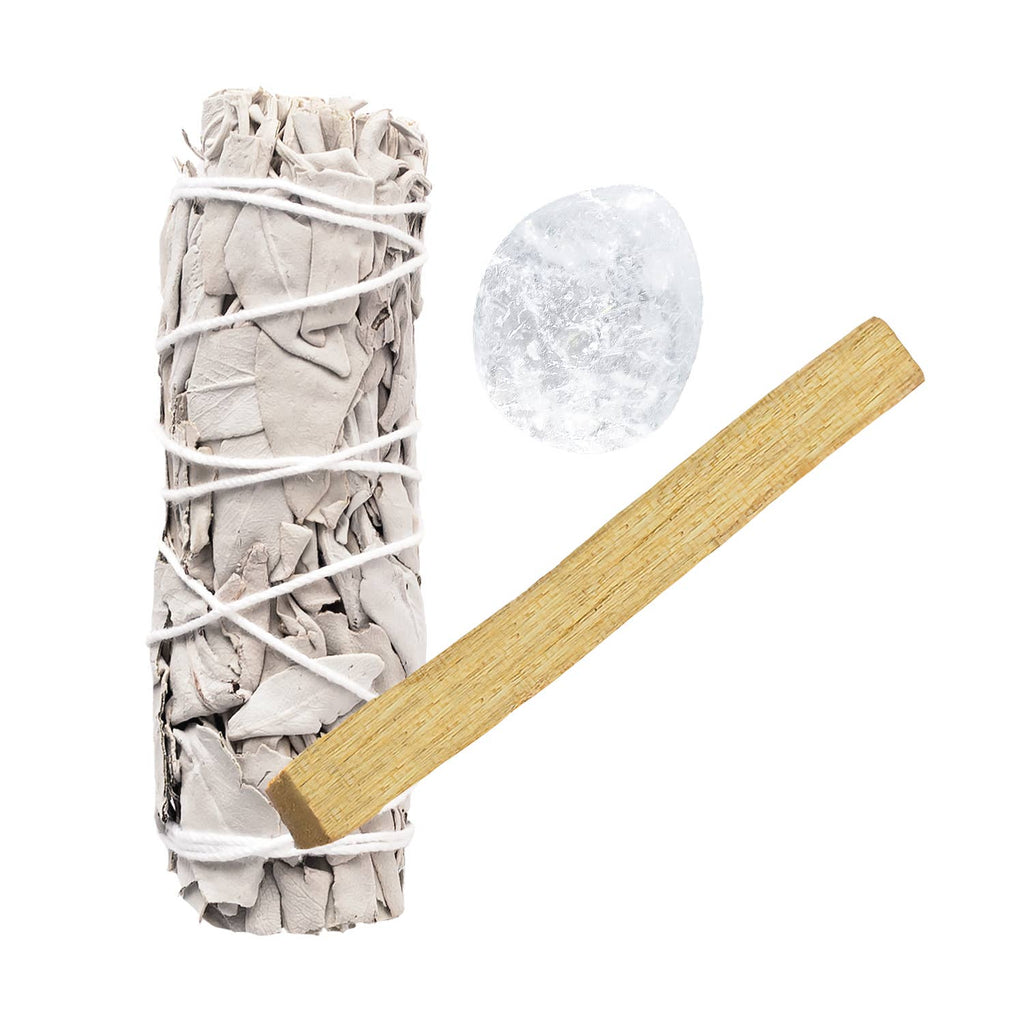 Lot de Sauge Blanche, Quartz Clair Lisse et Palo Santo