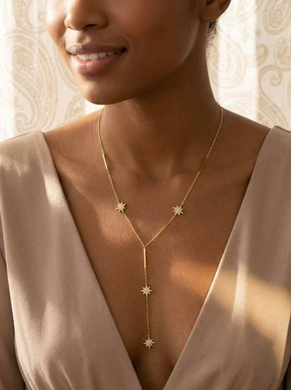 Collier Y Étoile Scintillante – Acier Inoxydable Doré & Strass Lumineux