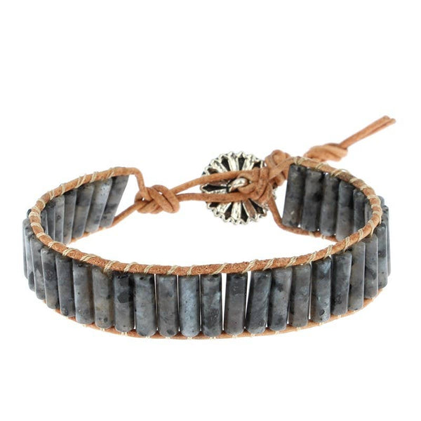 Bracelet Larvikite (Labradorite Noire) Tubes 4 x 13 mm et Cuir