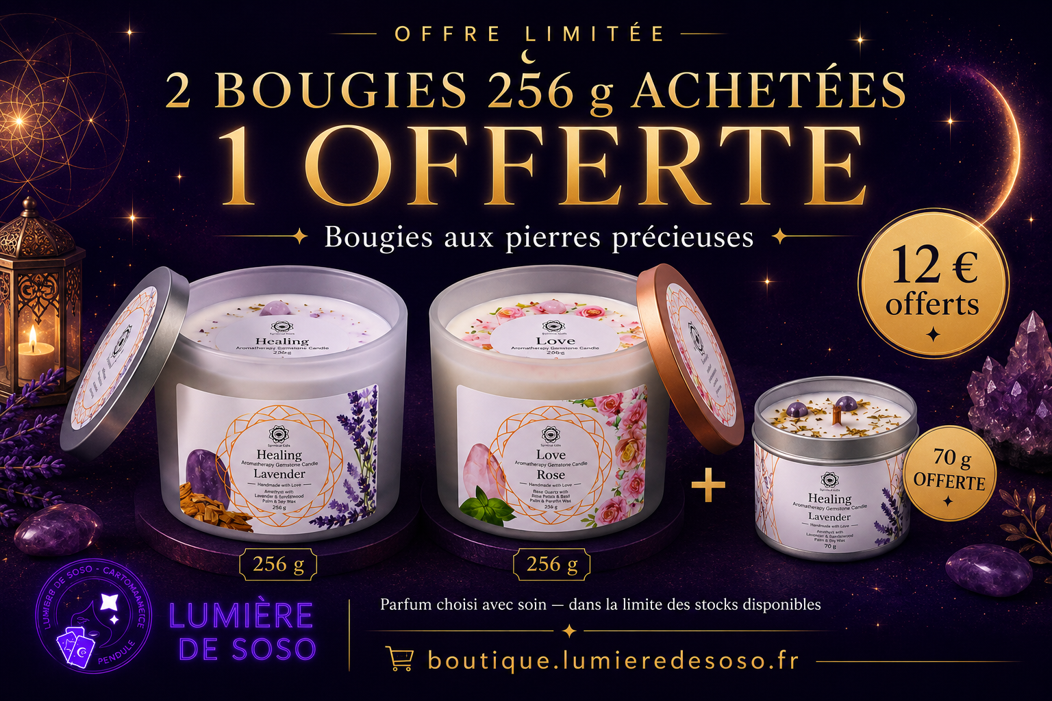 2 bougies 256 g achetées = 1 bougie 70 g offerte — Pour toute commande de deux bougies aux pierres précieuses 256 g, une bougie 70 g vous est offerte. Parfum choisi avec soin, dans la limite des stocks disponibles.